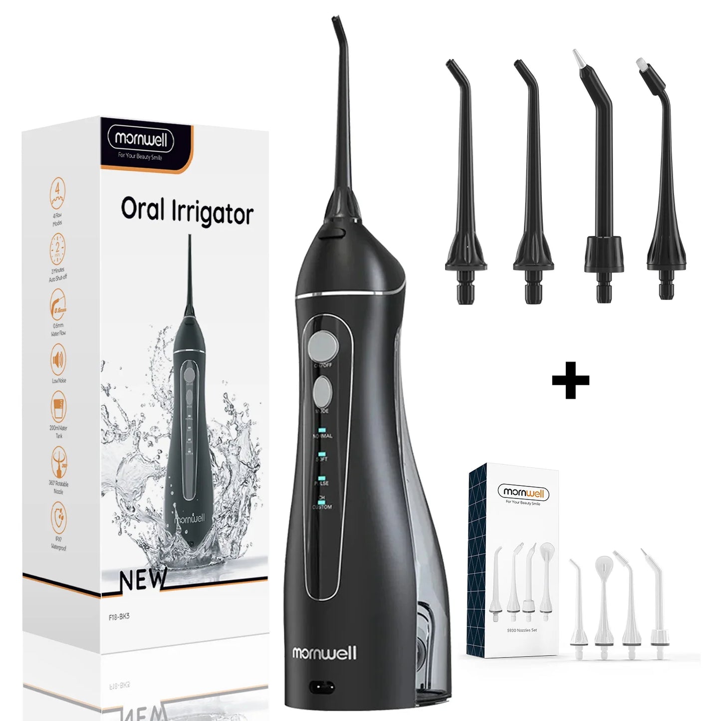 Mornwell F18 Portable Water Dental Flosser – Cordless Oral Irrigator with 4 Nozzles, 4 Modes & 200ML Tank